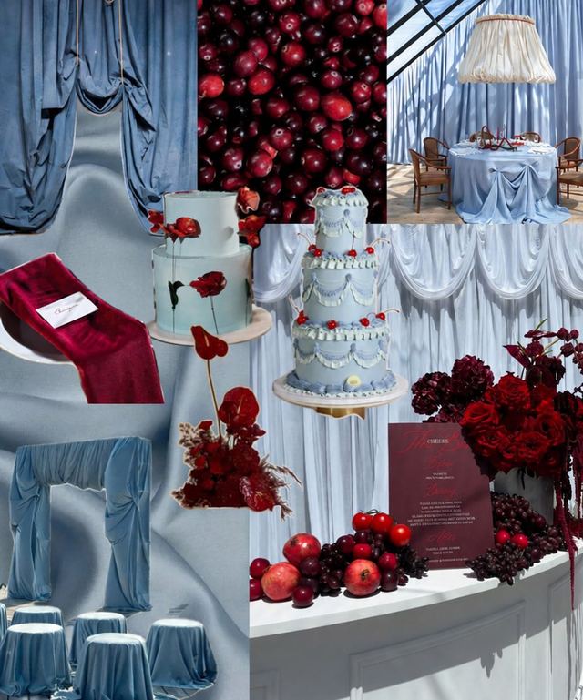 Moodboard cu tort albastru, trandafiri bordeaux și rodii