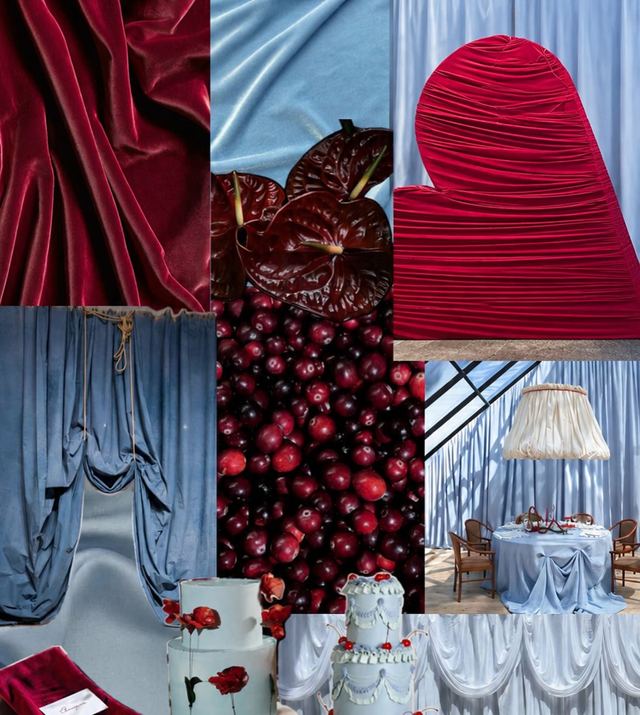 Moodboard cu catifea roșie, anthurium bordeaux și draperii albastre